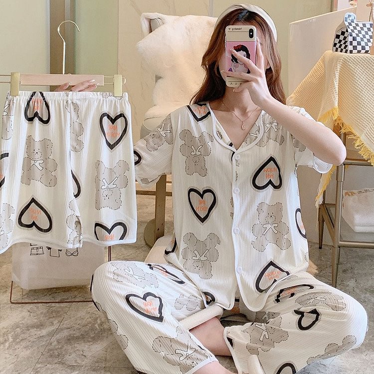 Love Heart Bow Print Pajamas Three Pieces Set - Modakawa Modakawa
