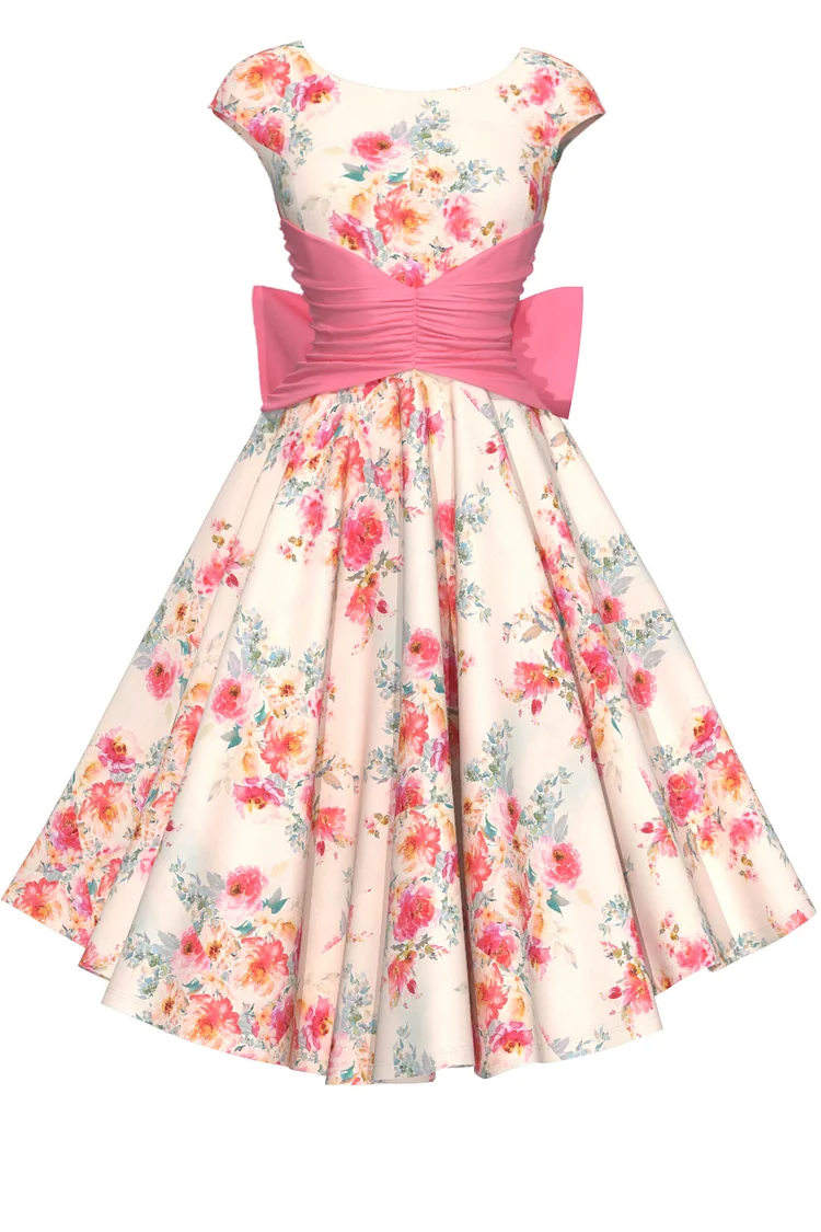 1950s Pink Formal Pleated Satin Bow Ditsy Floral Flare Swing Midi Dress [In Stock]
