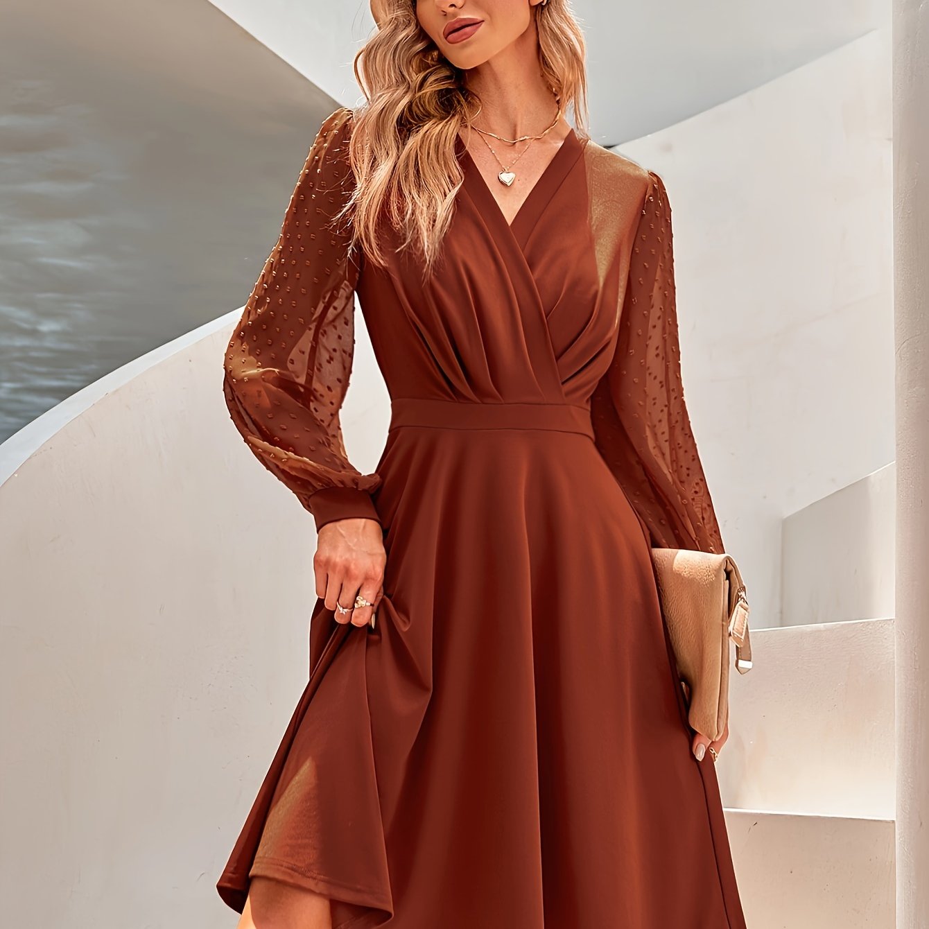 Solid Surplice Neck Contrast Mesh Dress, Elegant Long Sleeve Dress For Spring & Summer, Women's Clothing