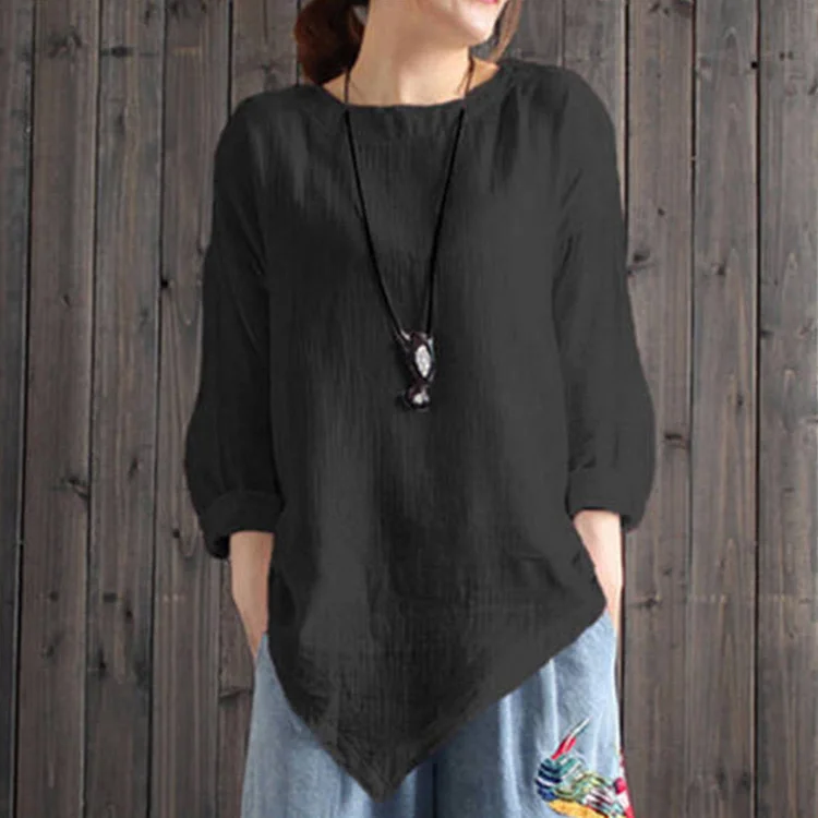 Solid Color Irregular Hem Cotton Linen T-Shirt