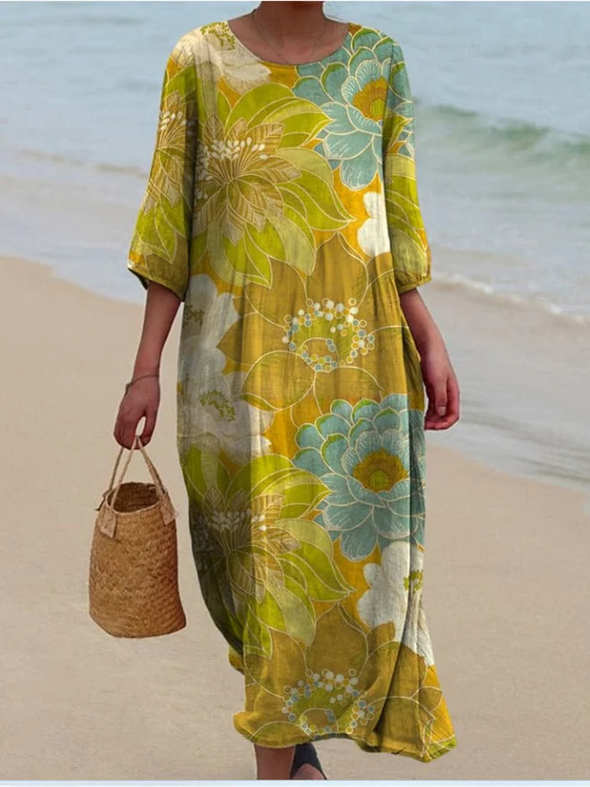 Women's 3/4 Sleeve Scoop Neck Graphic Printed Midi Dress