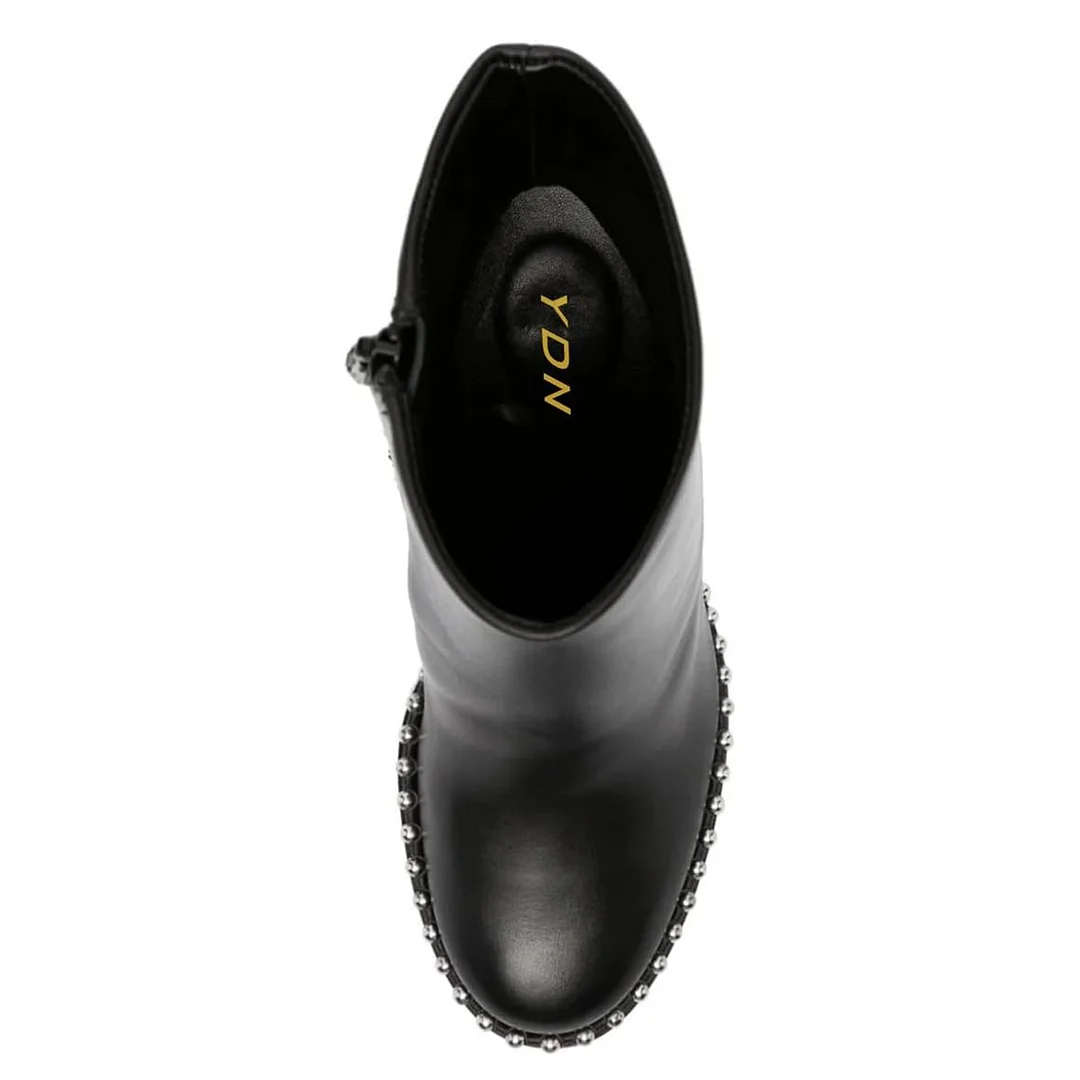 Black Vegan Leather Round Toe Silver Studded Stiletto Heel Ankle Boots