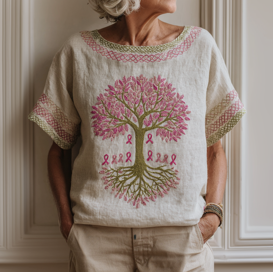 Women's Health Tree Of Life Pink Ribbon Round Neck T-shirt