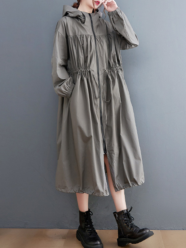 Drawstring Zip Up Hooded Trench Coat