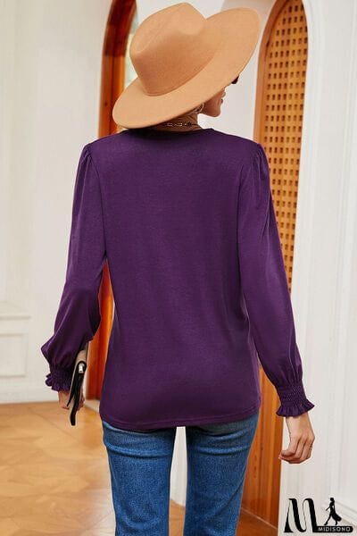 MidiSono - Lace Detail V-Neck Lantern Sleeve T-Shirt