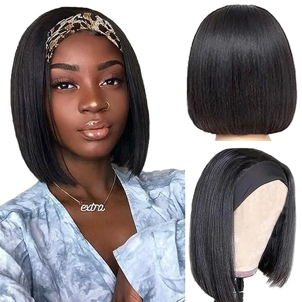 Bob Headband Wig Human Hair Straight 10 inch Glueless None Lace