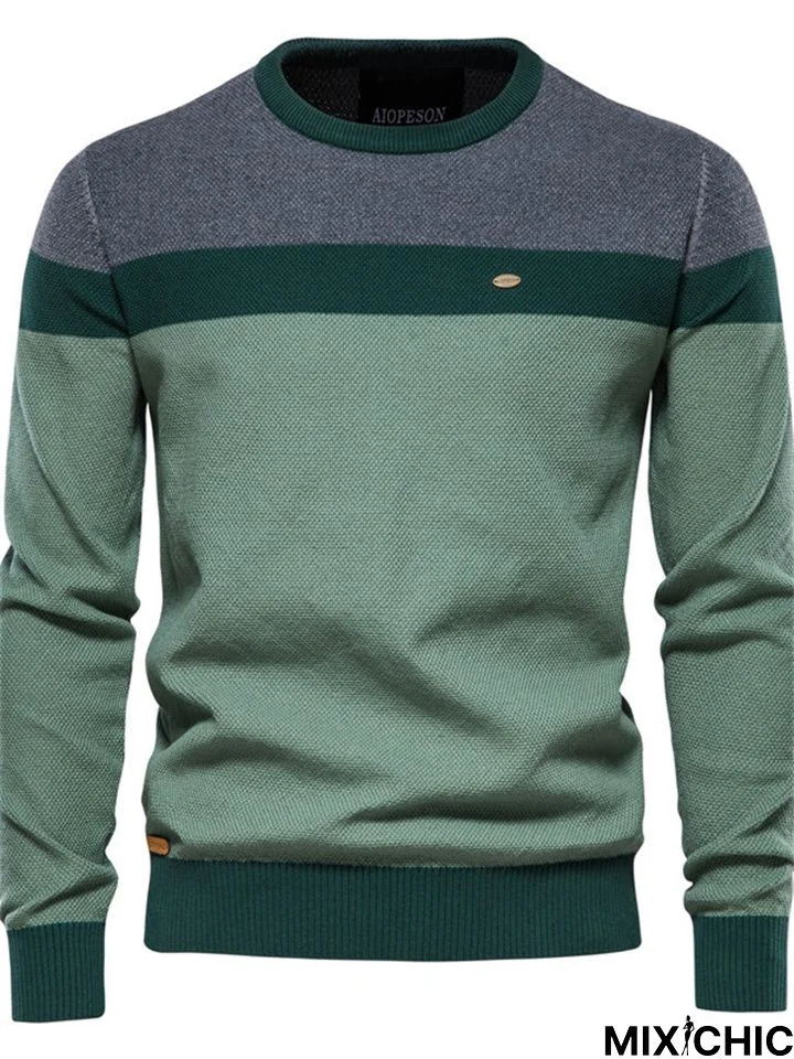 Fashion Round Neck Striped Stitching Long Sleeve Casual Knitted Sweater