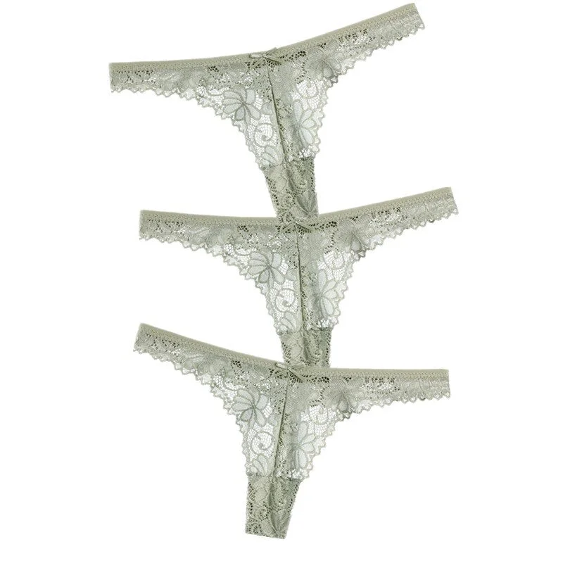 3Pcs/Lot Sexy Lace Thong Low Waist Lace Transparent Panties Women Hollow out Breathable G String Briefs Bow Underwear Lingerie