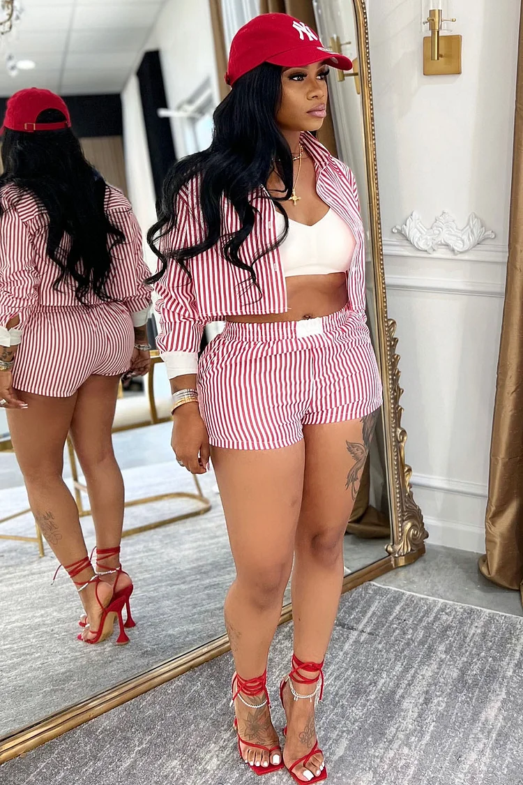Pinstripe Long Sleeve Crop Blouse Shorts Daily 2pcs Set-Red [Pre Order]