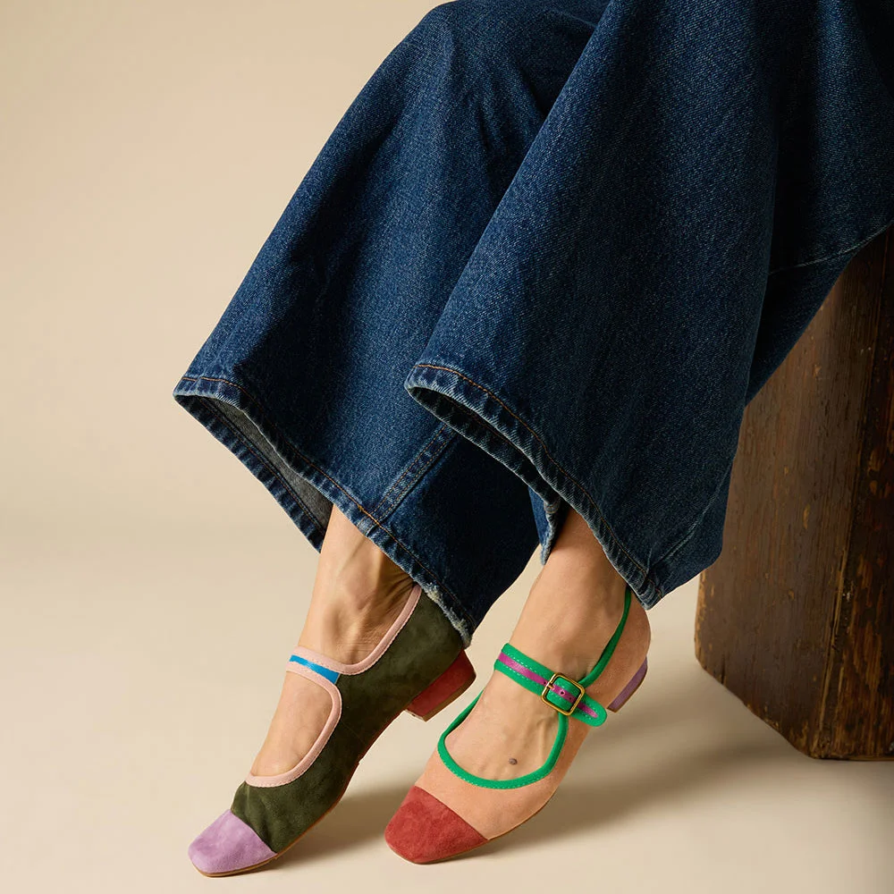 YDN Multicolor Vegan Suede Square Toe Buckle Strap Mary Jane Flats