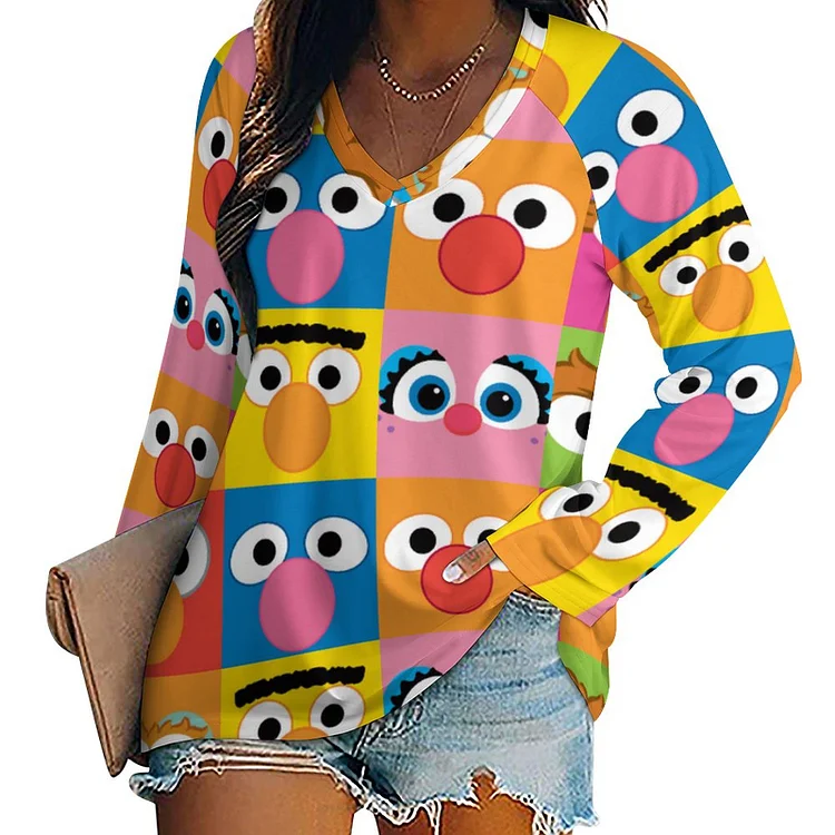 Funny Sesame Print Character Eyes Faces Casual Tunic Tops Women Fall Graphic Raglan Sleeve Pullover Shirt Tee - Heather Prints Shirts