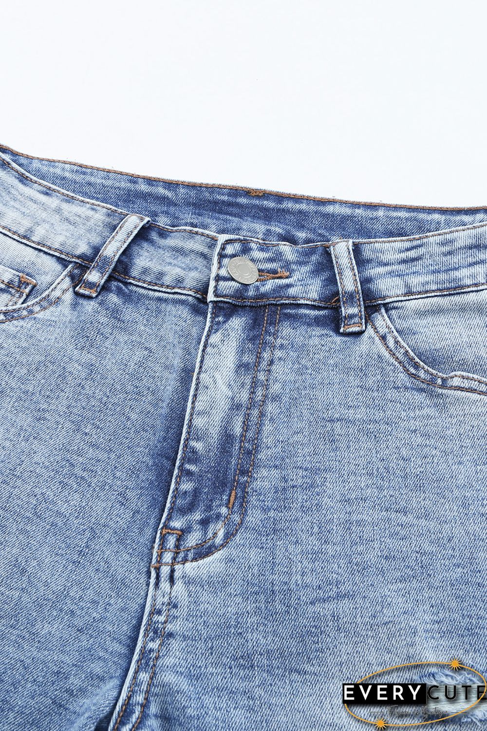 Light Blue Washed Holes Ripped Wide Leg Jeans