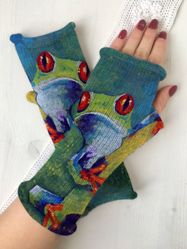 Casual frog print knit fingerless gloves