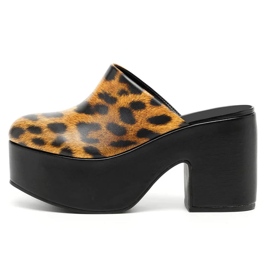 Leopard Print Block Heel Platform Round Toe Mules for Women