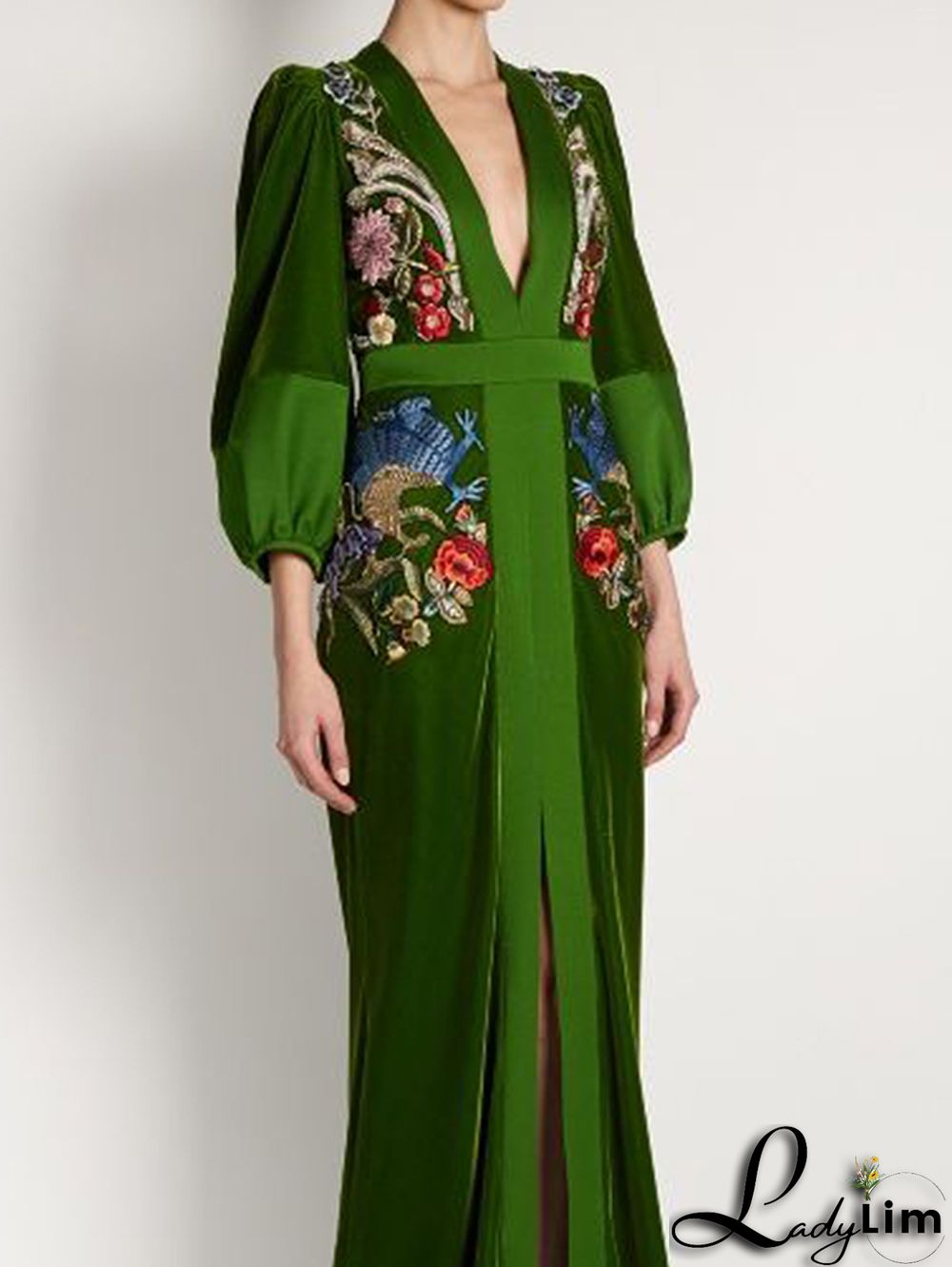 Elegant Floral Deep V Neck High Slit Velvet Maxi Dress
