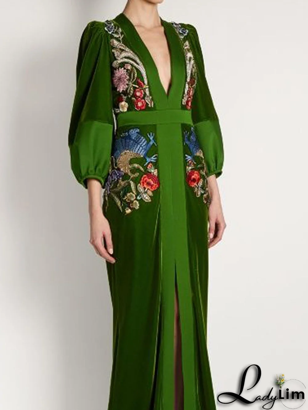 Elegant Floral Deep V Neck High Slit Velvet Maxi Dress