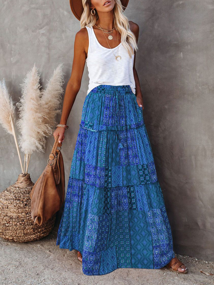 Women's Fashion Bohemian Print Beach Casual Loose Patchwork Skirt