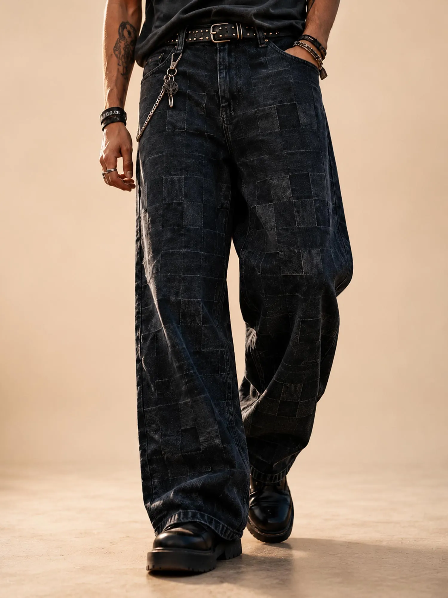 Best for Country Music Festivals &mdash; Dark Gray Checkerboard Jacquard Slouchy Unisex Cotton Denim Wide-Leg Men Jeans