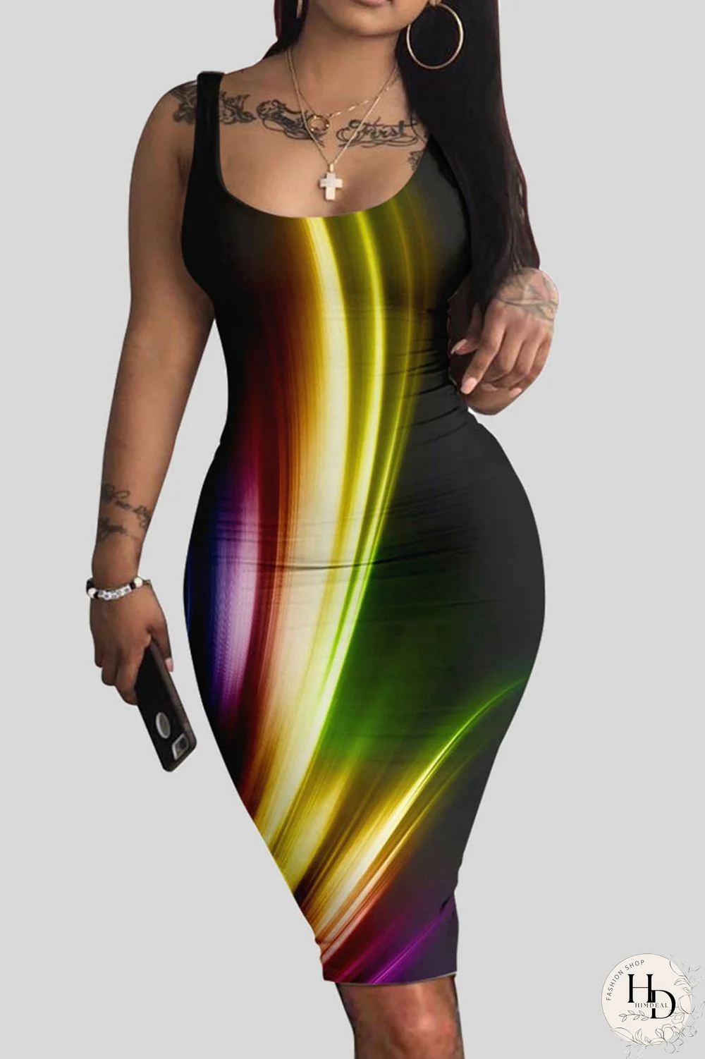 Colour Casual Print Patchwork U Neck Vest Dress Dresses