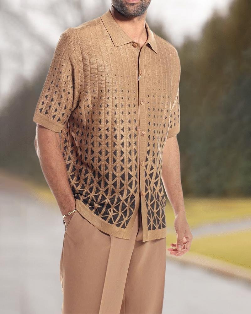 Cafe Criss-Cross Pattern Walking Suit Short Sleeve Set With Long Pants