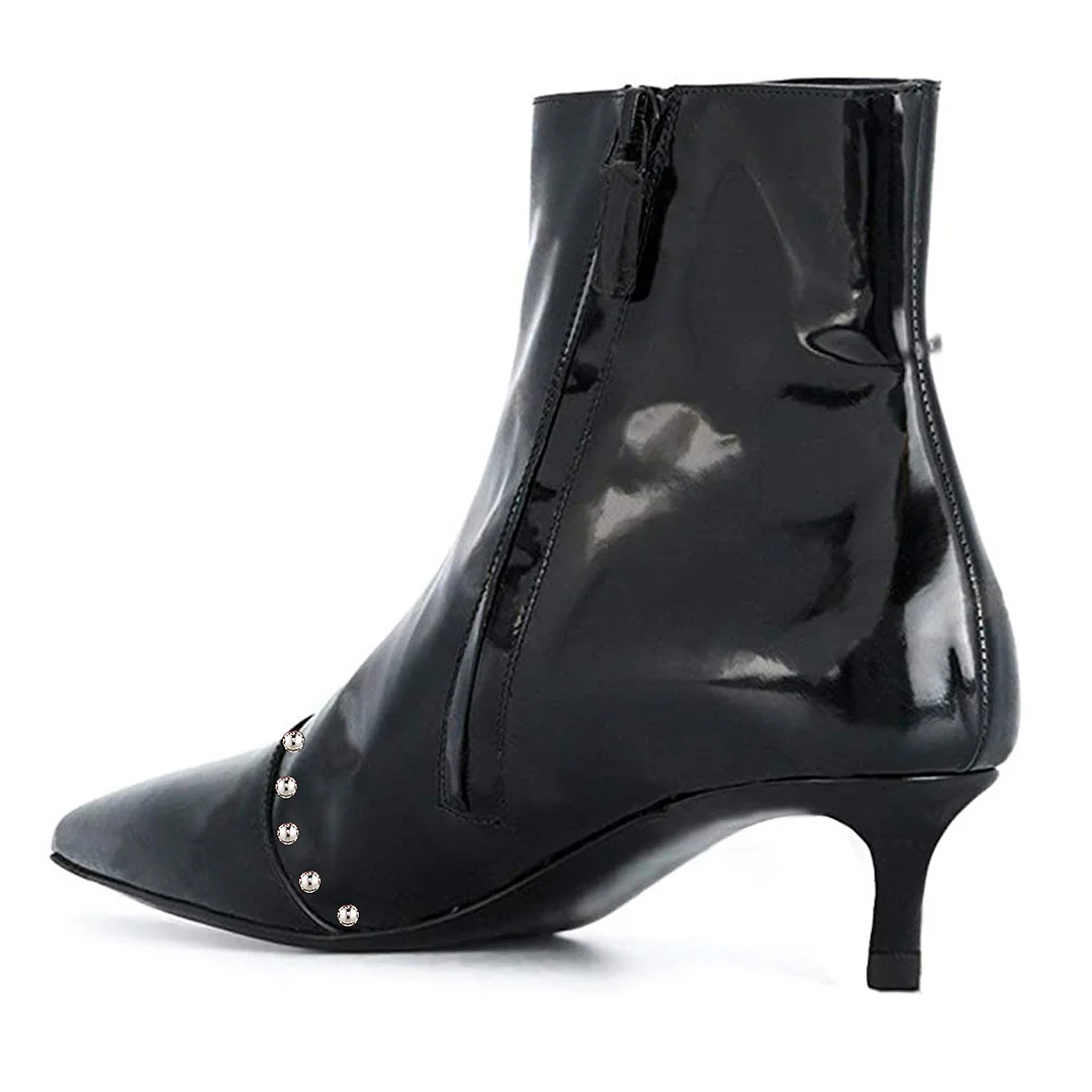 Black Patent Leather Pointed Toe Kitten Heel Ankle Boots with Studs