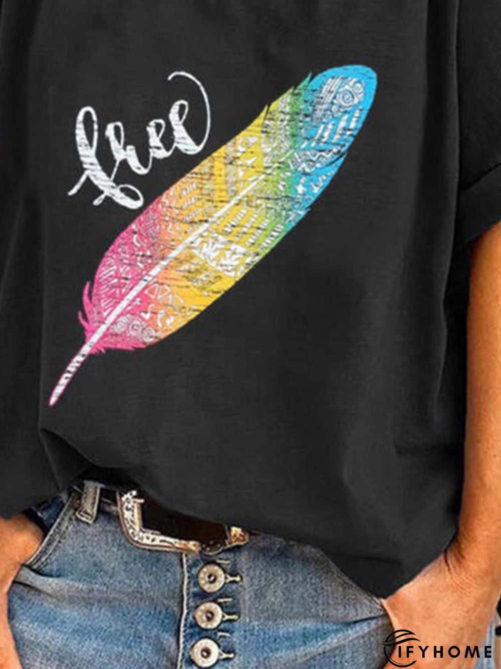 Black Leaves Printed Short Sleeve Shift Casual T-shirt | IFYHOME