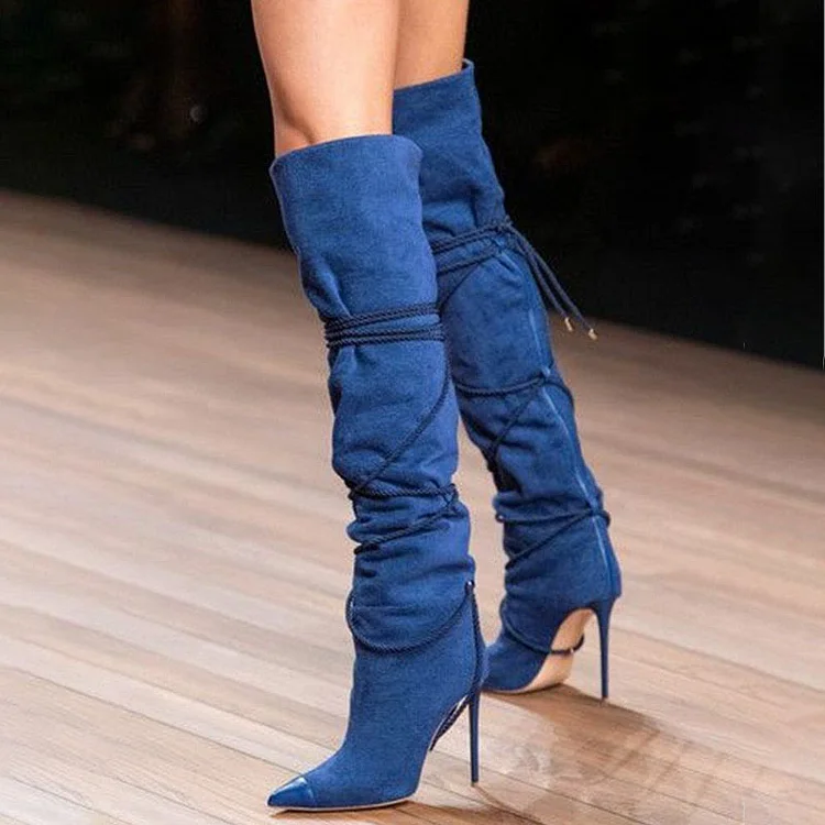 Blue Stiletto Heel Knee Boots Pointy Toe Vevet Heels Lace Up Boots |FSJ Shoes