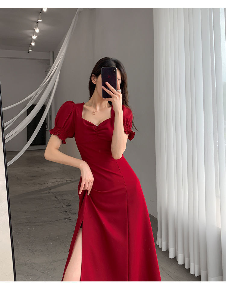 Women Summer French Style Puff Sleeve Square Neck Slit Long Dress