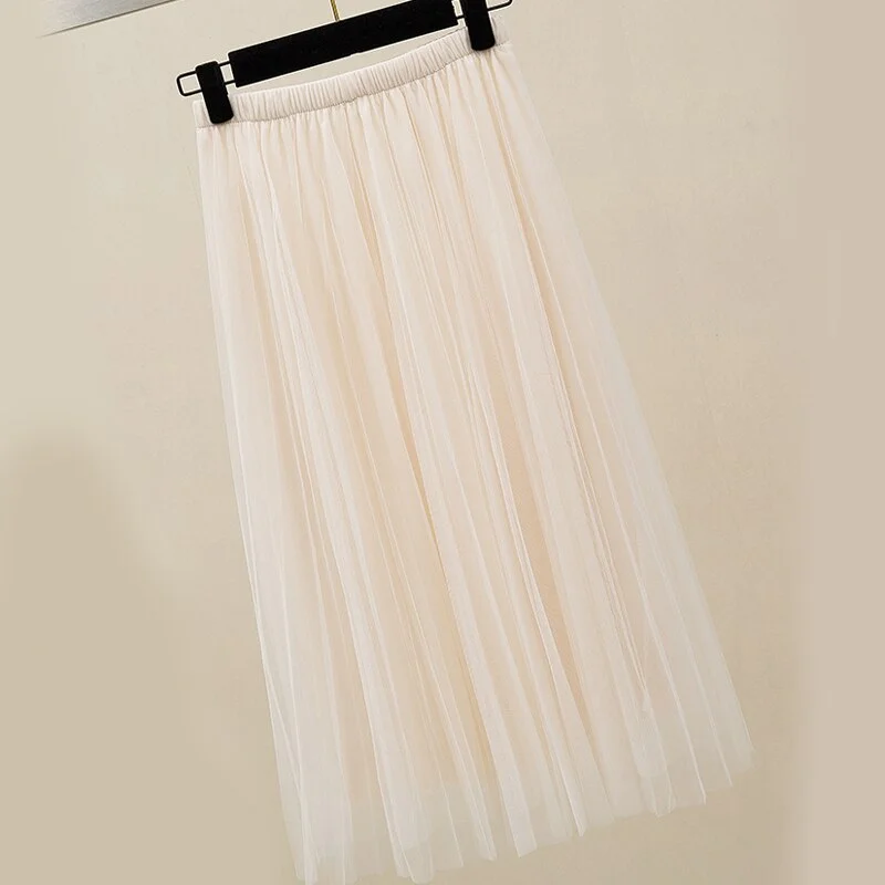 Zoki New 2021 Women Tulle Skirt Elastic High Waist Mesh Spring Summer Fashion Long Skirt A Line Black Girl Korean Pleated Faldas