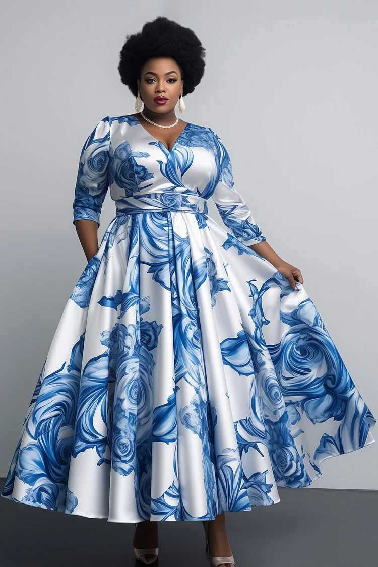 Xpluswear Design Plus Size Formal Blue Floral V Neck Long Sleeve Pleated Pocket Satin Maxi Dresses [Pre-Order]