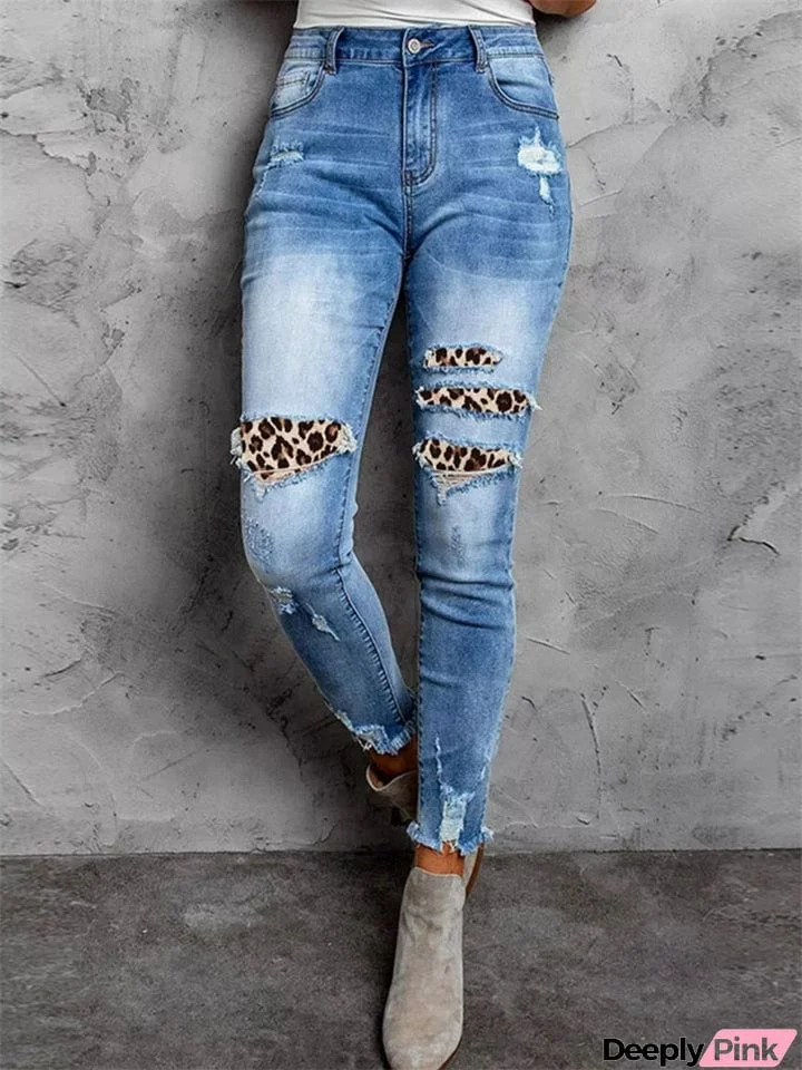 Ladies Stretch Straight Leg Mid Rise Holes Denim Jeans