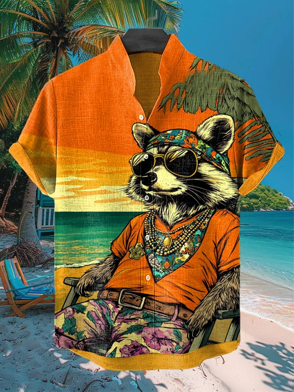 Men's Raccoon Wearing A Hippie Style Floral Shirt Printed Short Sleeve Shirt