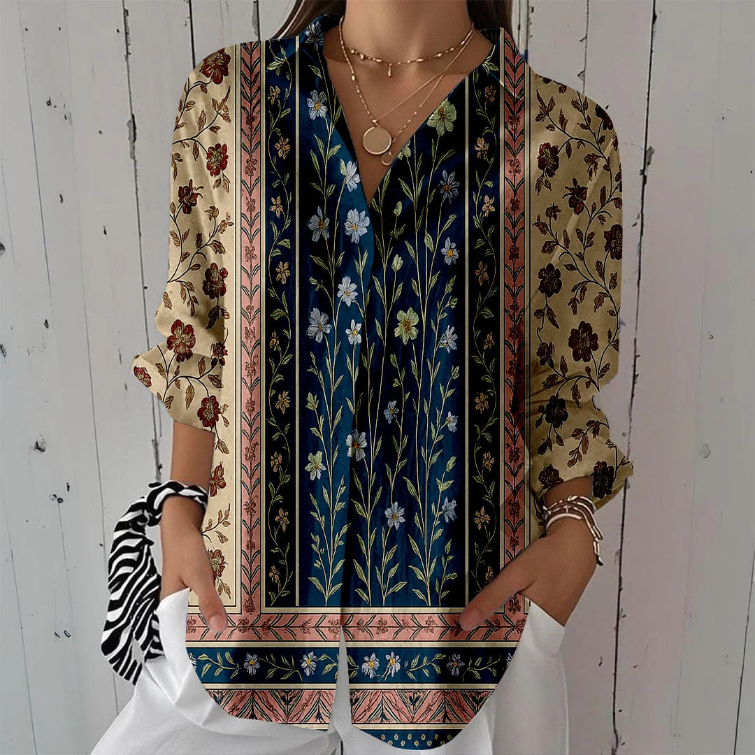 Style & Comfort for Mature Women Women Bohemian,Beige,Blue,Floral DZCL0282 3/4 Sleeve Shirt Collar Printed Button Tops
