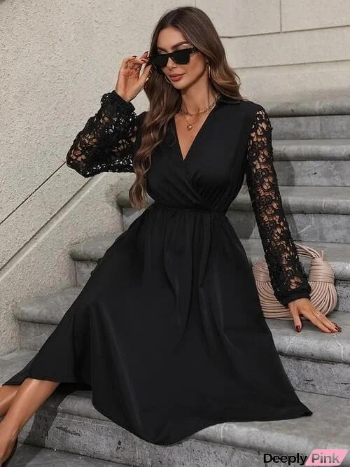Crochet Long Sleeve Surplice Dress