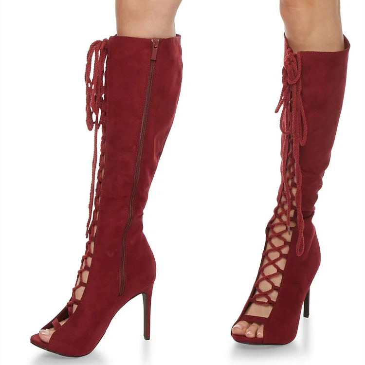 Maroon Long Boots Peep Toe Stiletto Heels Lace Up Boots |FSJ Shoes