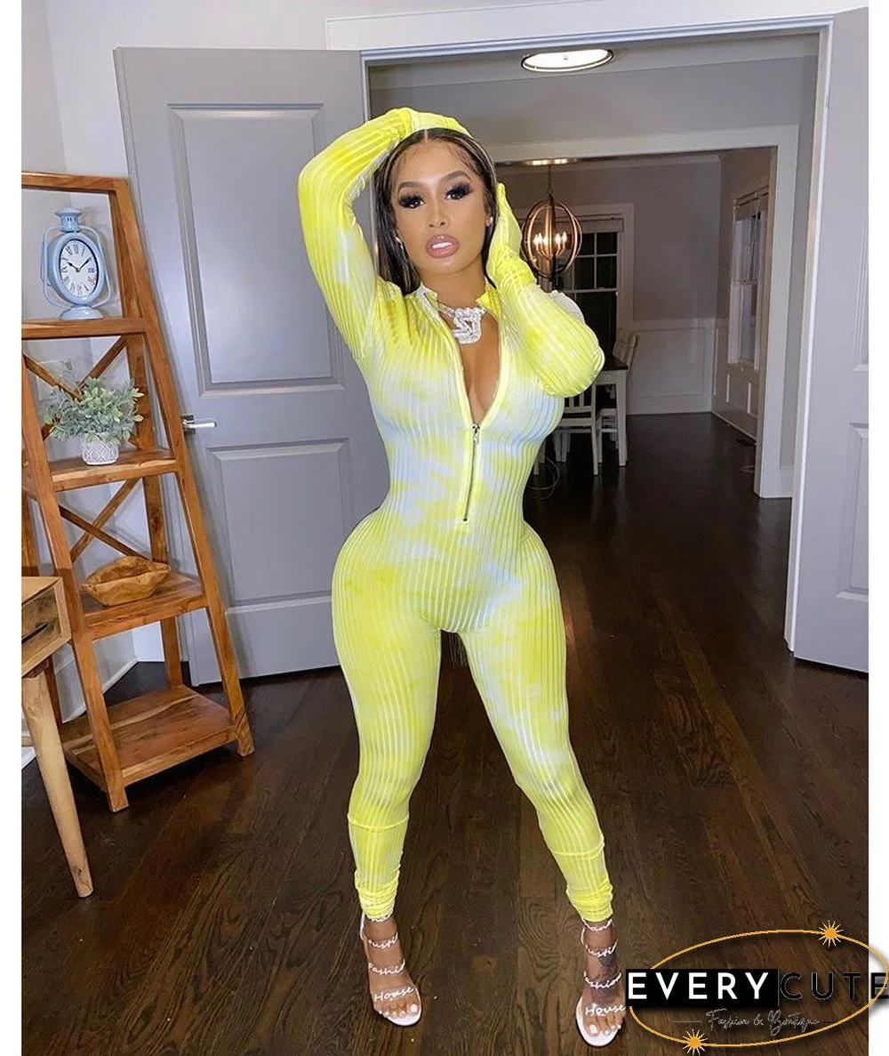 High Neck Tie-dye Zipper Slim Fit Fitness Jumpsuit