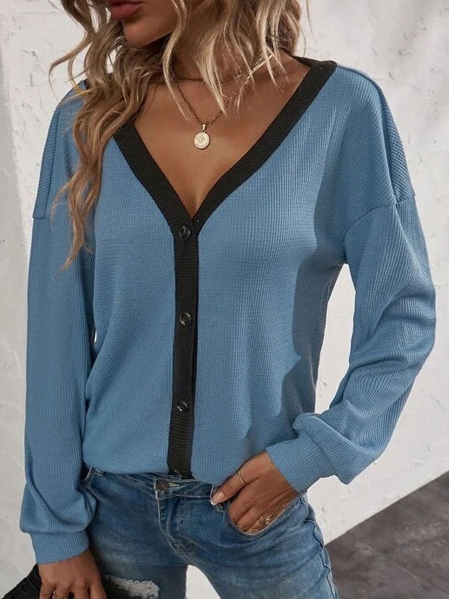 V-neck Casual Loose Contrast Long Sleeve T-shirt