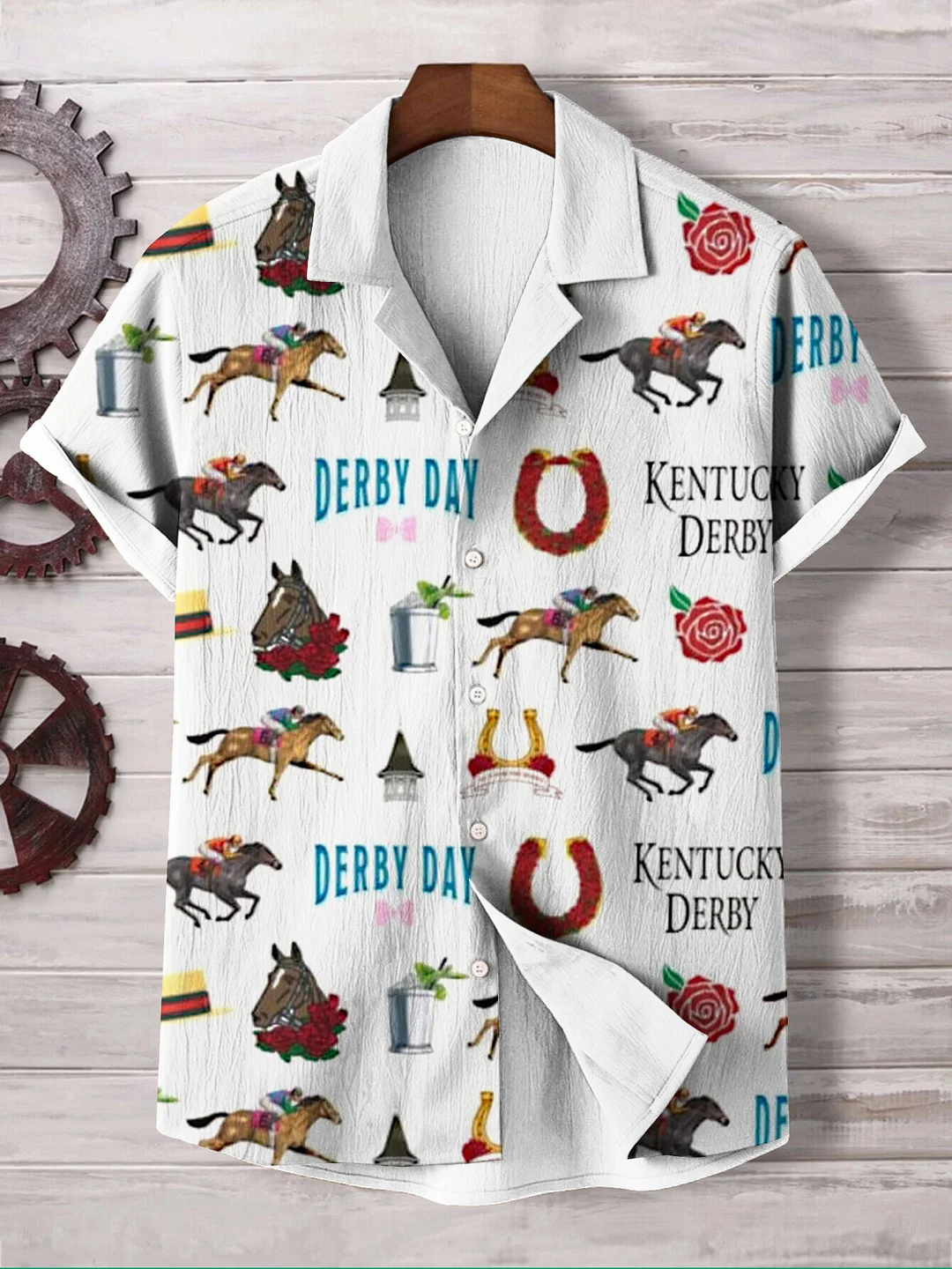 Men's Derby Day Western Horse Racing Graphic Print Casual Shirt