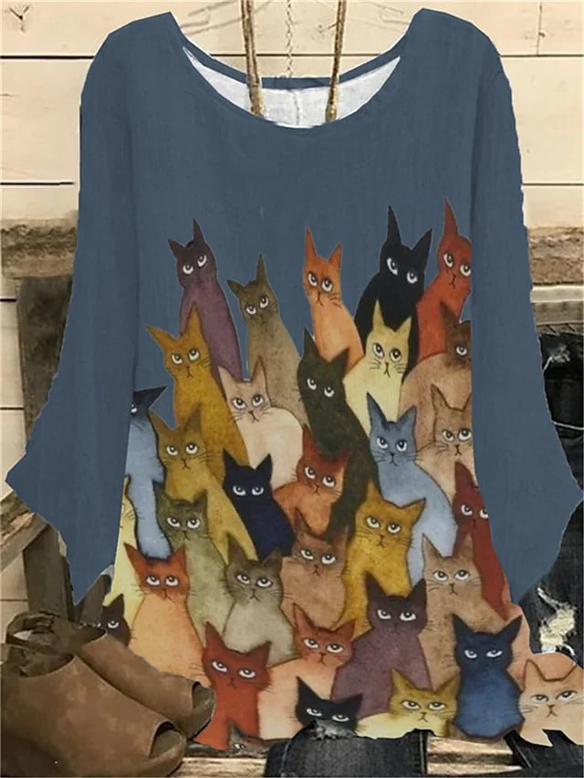 Women's Shirt Blouse Blue Brown Gray Animal Cat Print Long Sleeve Daily Going out Casual Crew Neck Regular Plus Size XL | IFYHOME