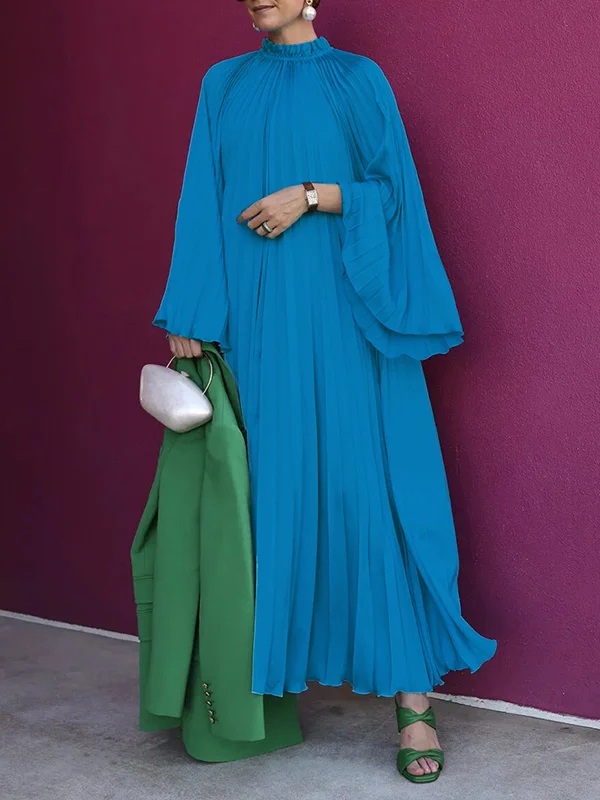 Split-Joint Solid Color Ruffled Pleated Loose Flared Sleeves High Neck Maxi Dresses