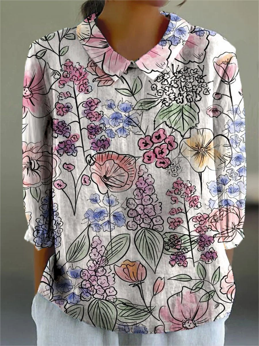 Women's Vintage Floral Art Print Casual Cotton And Linen 3/4 Sleeve Shirt