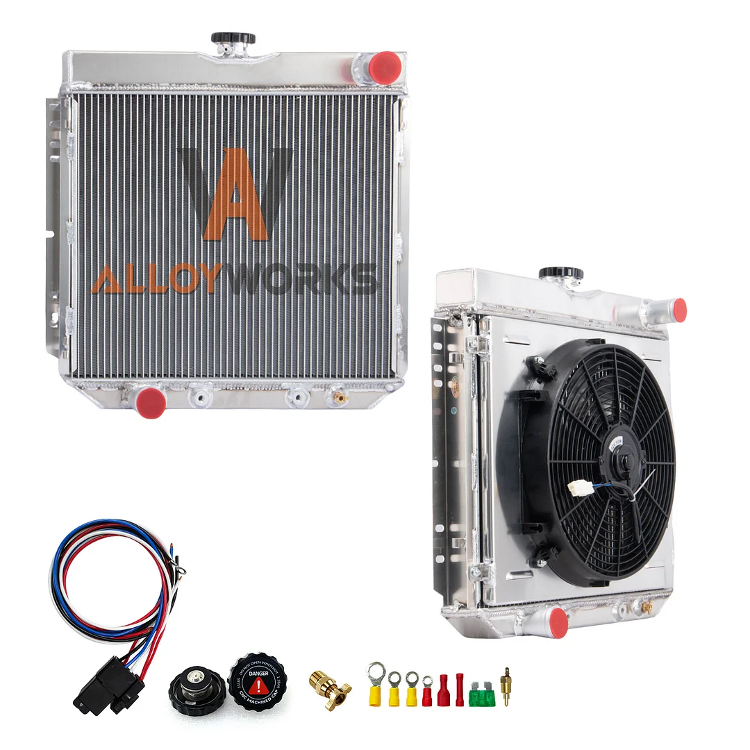 Alloyworks 4 Row Radiator with Shroud Fan For 1963-1977 75 Ford Mustang Torino Mercury Cougar 21-1/8'' H x 22-1/8'' W