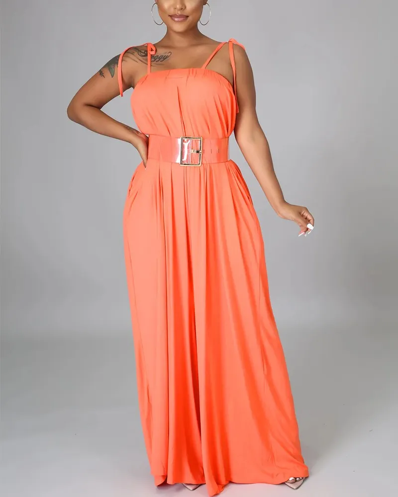 Solid Color Sleeveless Pocket Self Tie Wide Leg Jumpsuit