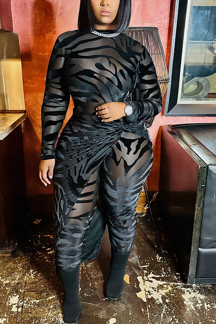 Plus Size Black Party Animal Print See-Through Mesh Long Sleeve Outfit Wrap Skirt Jumpsuit Set