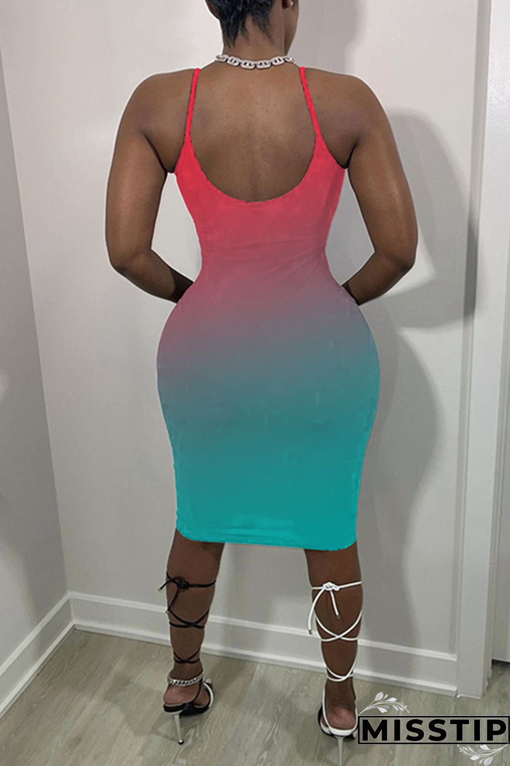 Pink Sexy Casual Gradual Change Print Backless Spaghetti Strap Sleeveless Dress