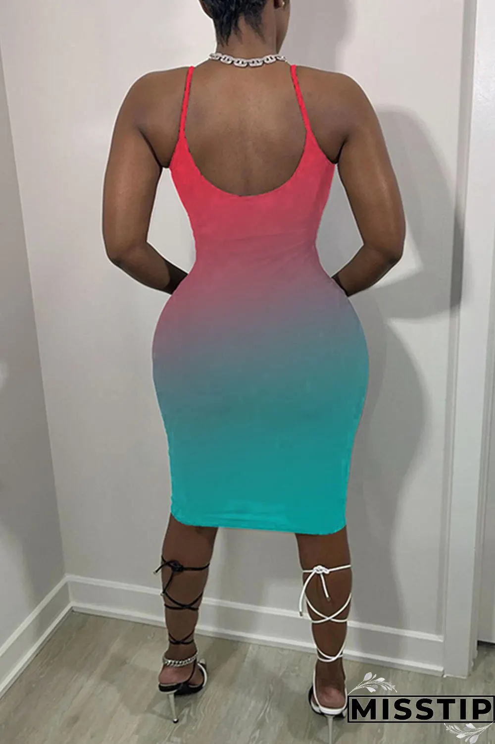 Pink Sexy Casual Gradual Change Print Backless Spaghetti Strap Sleeveless Dress