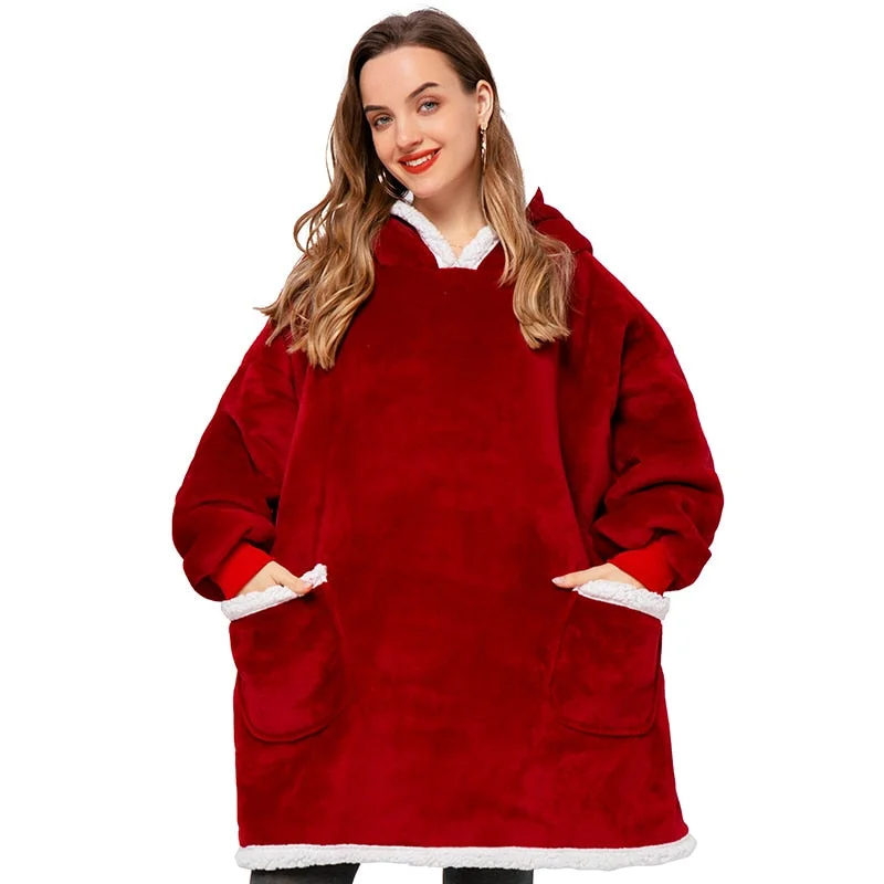 Winter Hoodie Women Hooded Blanket Pocket Fleece Plush Hoodie Sweatshirt Warm  Winter Clothing Fleece TV Blanket with Sleeve