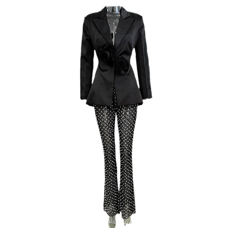 Nigikala Nigikala Spring And Summer New Hollow Nail Bead Three-Dimensional Flower Suit Pearl Brighten Mesh Trousers Set