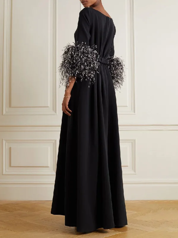 Elegant Black and White Feather Long Sleeve Party Dress A Timeless