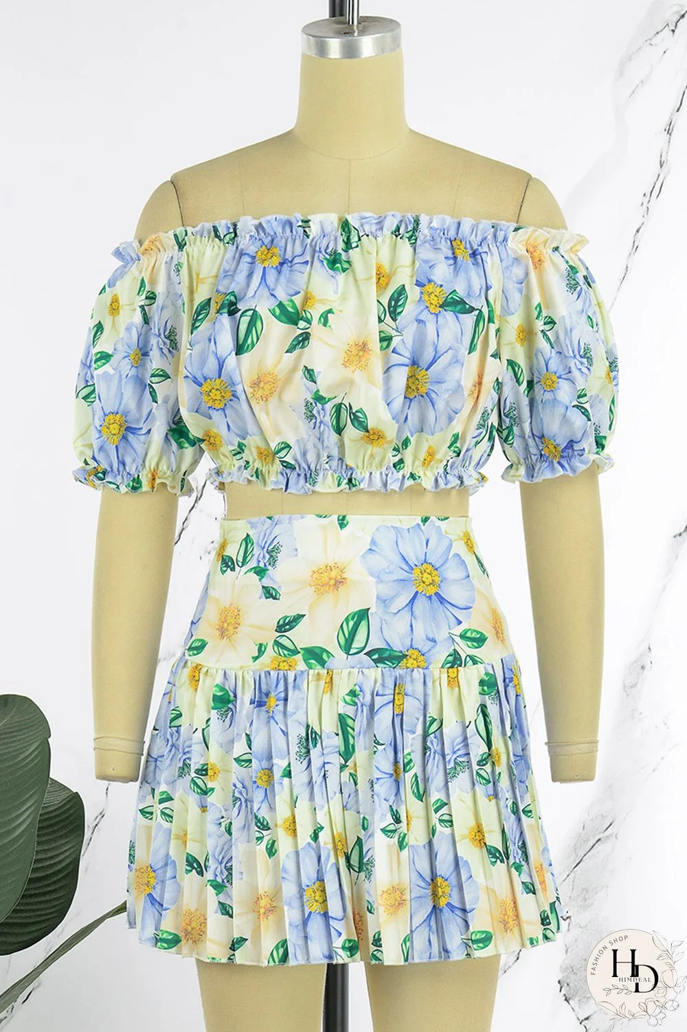 Tangerine Red Sexy Print Patchwork Off the Shoulder Short Sleeve Two Pieces